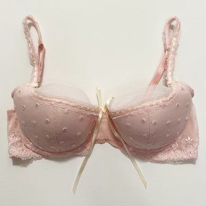 NEVER WORN Delicates Balconette Pink Yellow Trim Lace Mesh Push-Up Bra 34C